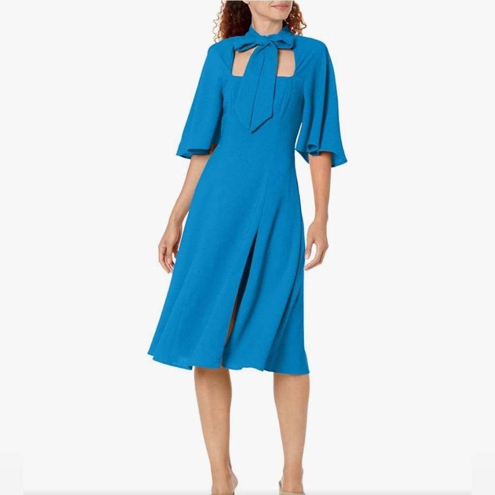 Blue Tie-Neck Midi Dress with Cape Sleeves